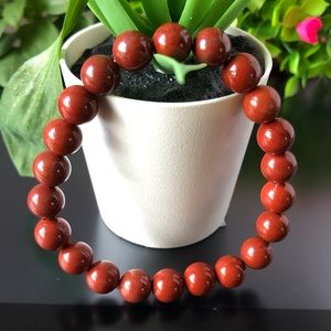 Red Beaded Stretch Bracelet - Polished Round Stone